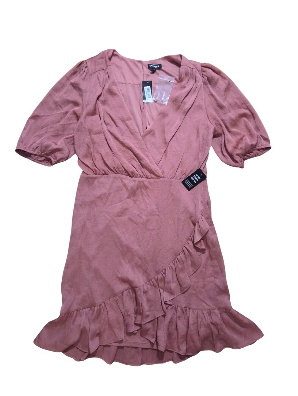 Express Ruched Ruffle Mini Dress Womens M V-Neck Faux Wrap Mauve Pink Party NEW